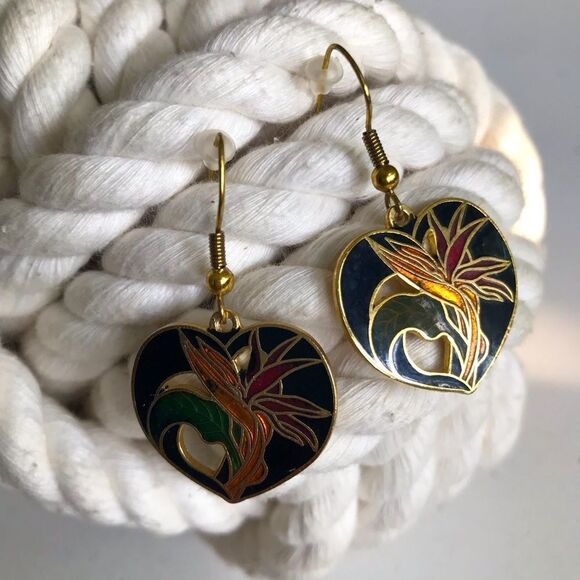 Cloisonné Tropical Flower Heart Shaped Vintage Pierced Earrings - Picture 4 of 14